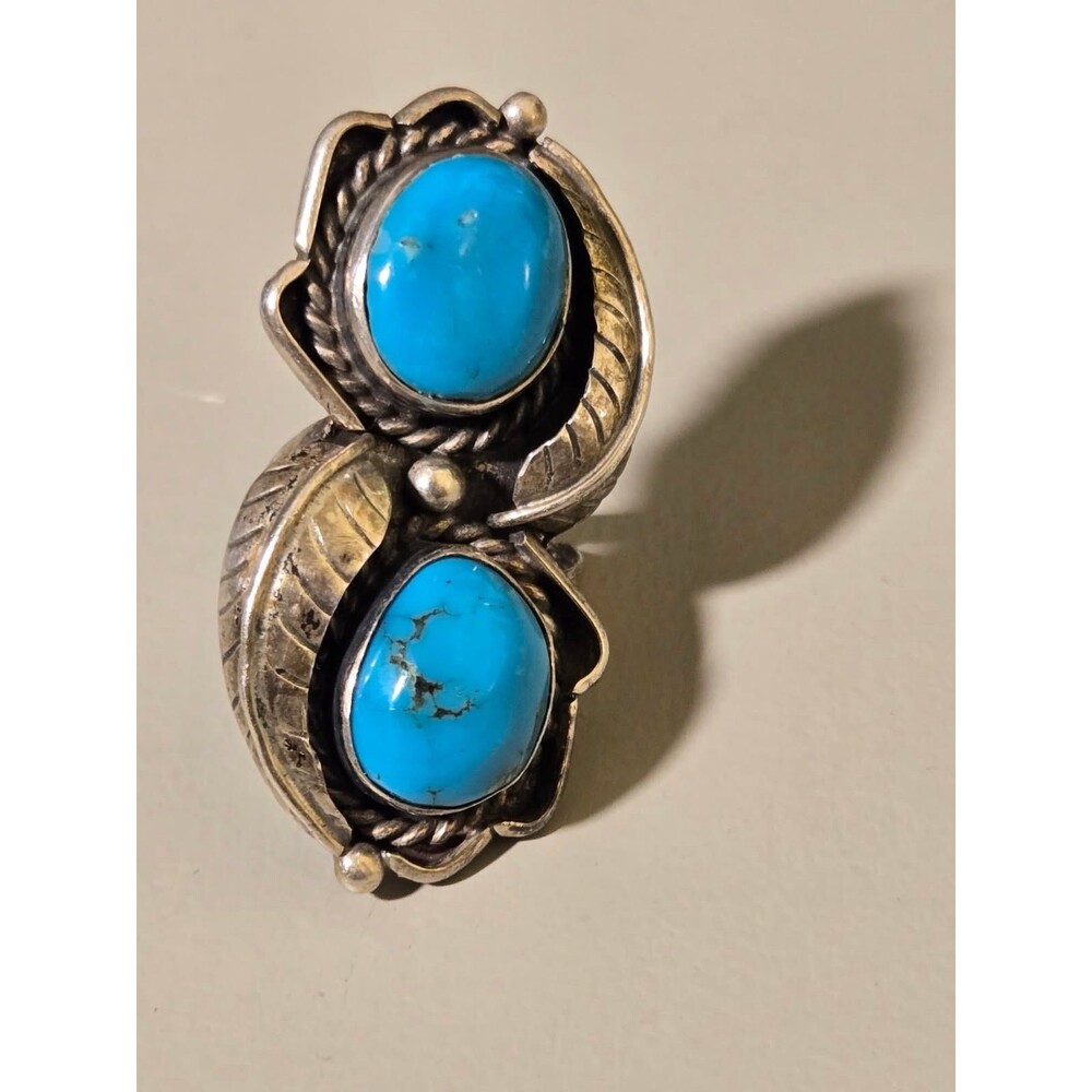 Signed L-R JAKE Sterling 2-pcs TURQUOISE RING Shadowbox Leaves GREAT CONDITION!